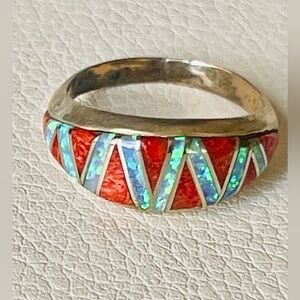 VTG NATIVE AMERICAN Coral & Fire Opal Inlay Sterling Silver Ring SZ 7.75